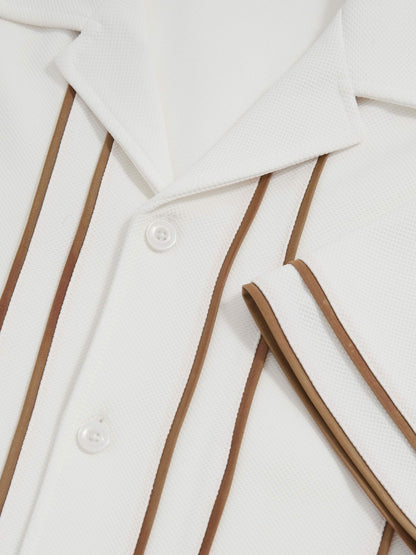 Piped-Stripe Cuban-Collar Shirt in White/Camel Men | Reiss