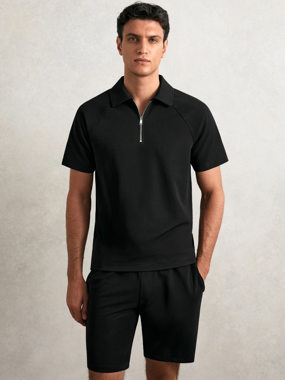 Textured Raglan Half-Zip Polo Shirt in Black Men | Reiss