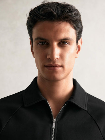 Textured Raglan Half-Zip Polo Shirt in Black Men | Reiss