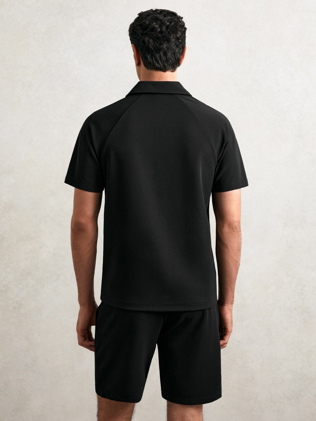 Textured Raglan Half-Zip Polo Shirt in Black Men | Reiss