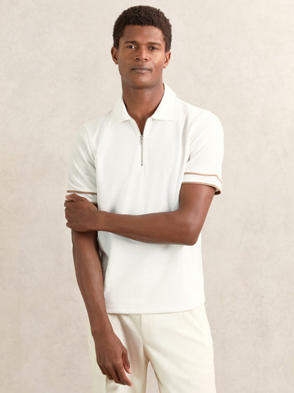 Textured Half-Zip Tipped Polo Shirt in White Men | Reiss