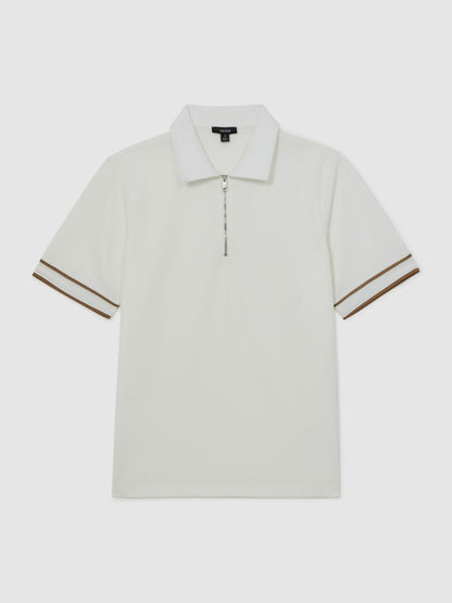 Textured Half-Zip Tipped Polo Shirt in White Men | Reiss