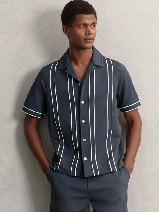 Piped-Stripe Cuban-Collar Shirt in Airforce Blue Men | Reiss
