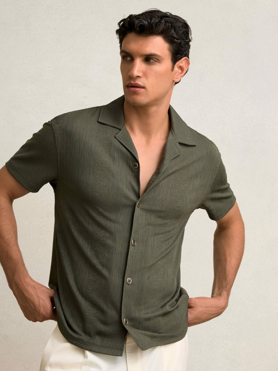 Jacquard-Stripe Cuban-Collar Shirt in Dark Green Men | Reiss