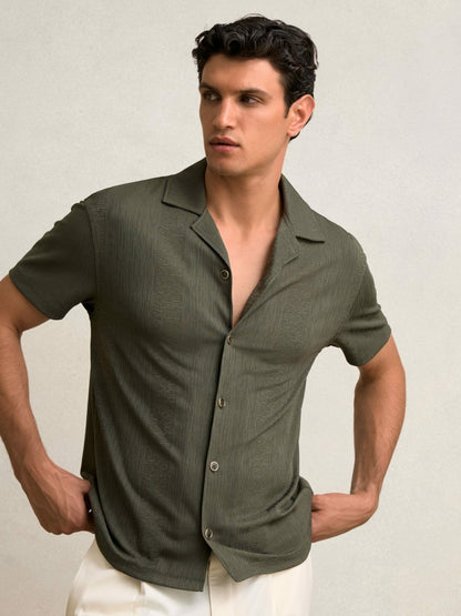 Jacquard-Stripe Cuban-Collar Shirt in Dark Green Men | Reiss