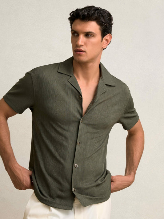 Jacquard-Stripe Cuban-Collar Shirt in Dark Green Men | Reiss