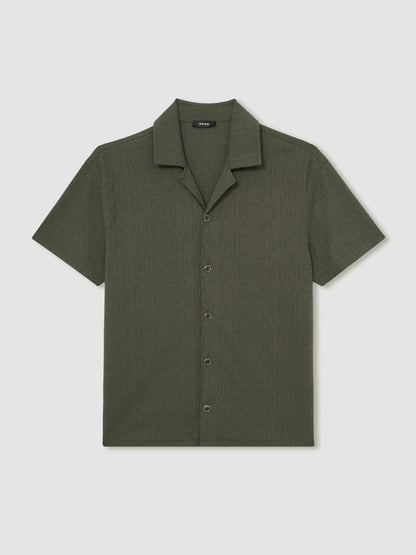 Jacquard-Stripe Cuban-Collar Shirt in Dark Green Men | Reiss