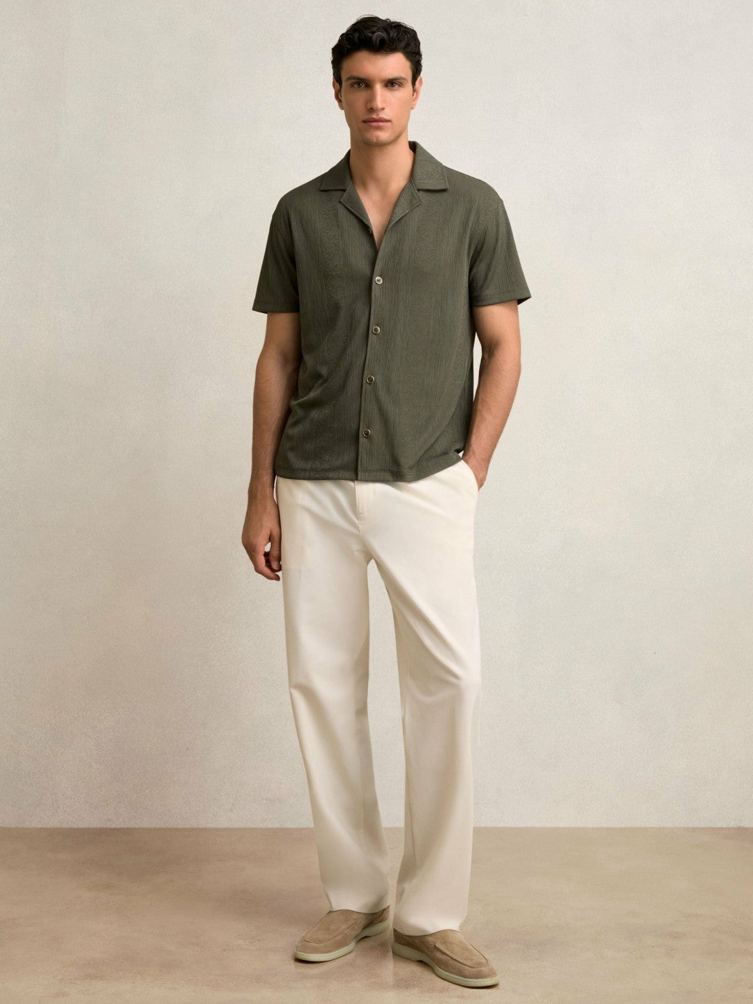 Jacquard-Stripe Cuban-Collar Shirt in Dark Green Men | Reiss