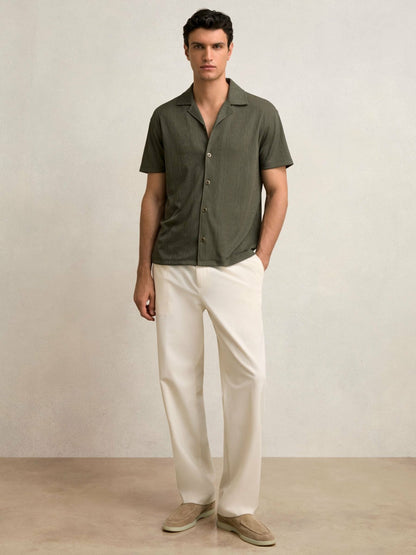 Jacquard-Stripe Cuban-Collar Shirt in Dark Green Men | Reiss