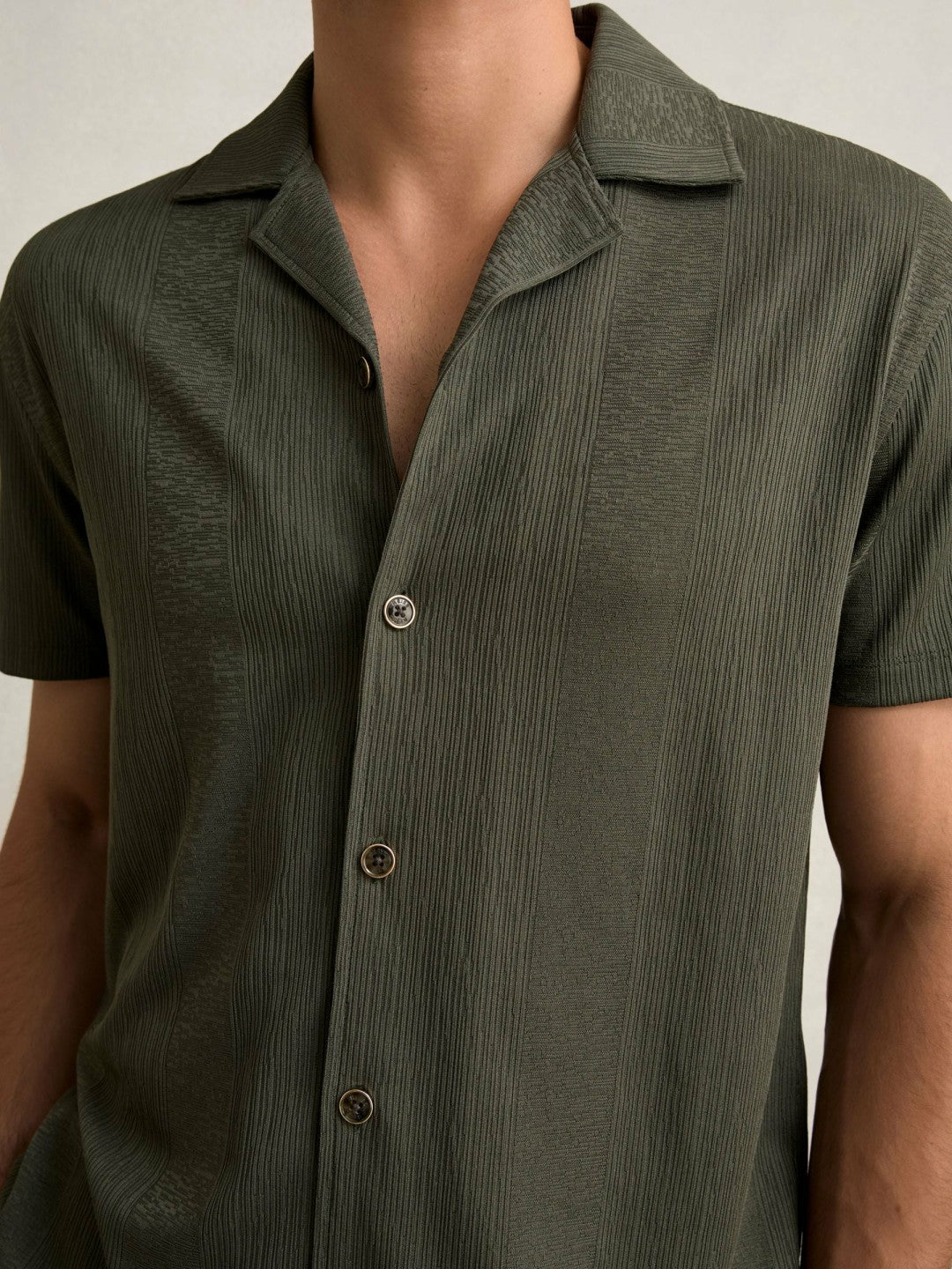 Jacquard-Stripe Cuban-Collar Shirt in Dark Green Men | Reiss