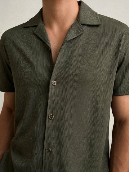 Jacquard-Stripe Cuban-Collar Shirt in Dark Green Men | Reiss