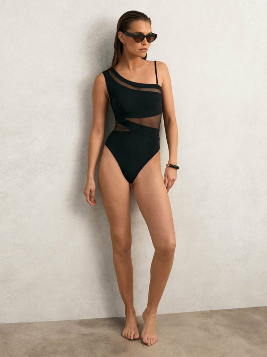 One Shoulder Mesh Panel Swimsuit in Black Women | Reiss