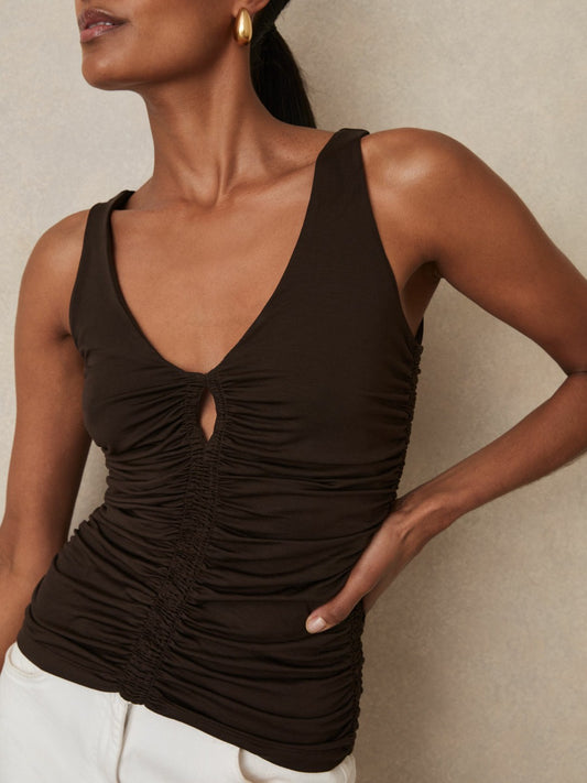 Stretch Lyocell Jersey Ruched Vest in Chocolate Brown Women | Reiss