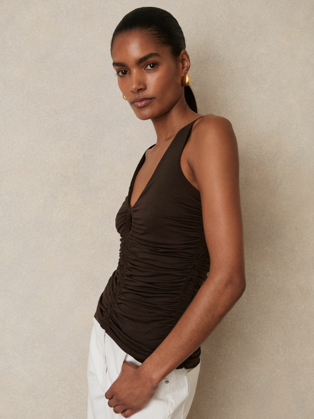 Stretch Lyocell Jersey Ruched Vest in Chocolate Brown Women | Reiss