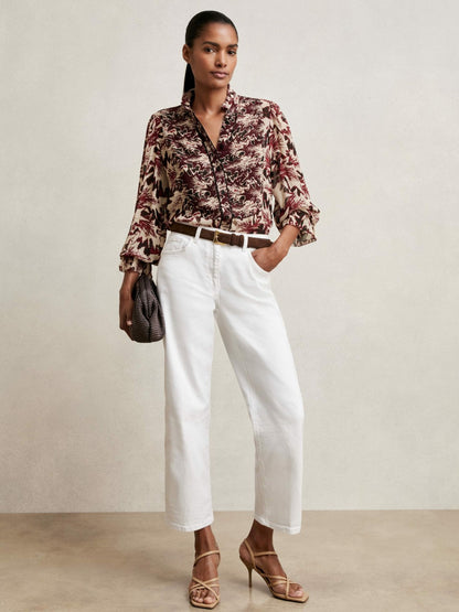 Abstract-Print Ruffle-Neck Shirt in Burgundy/Cream Women | Reiss