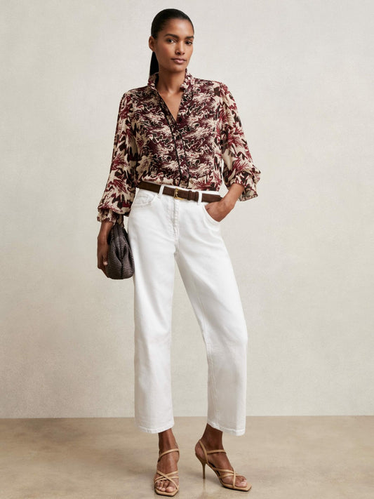 Abstract-Print Ruffle-Neck Shirt in Burgundy/Cream Women | Reiss