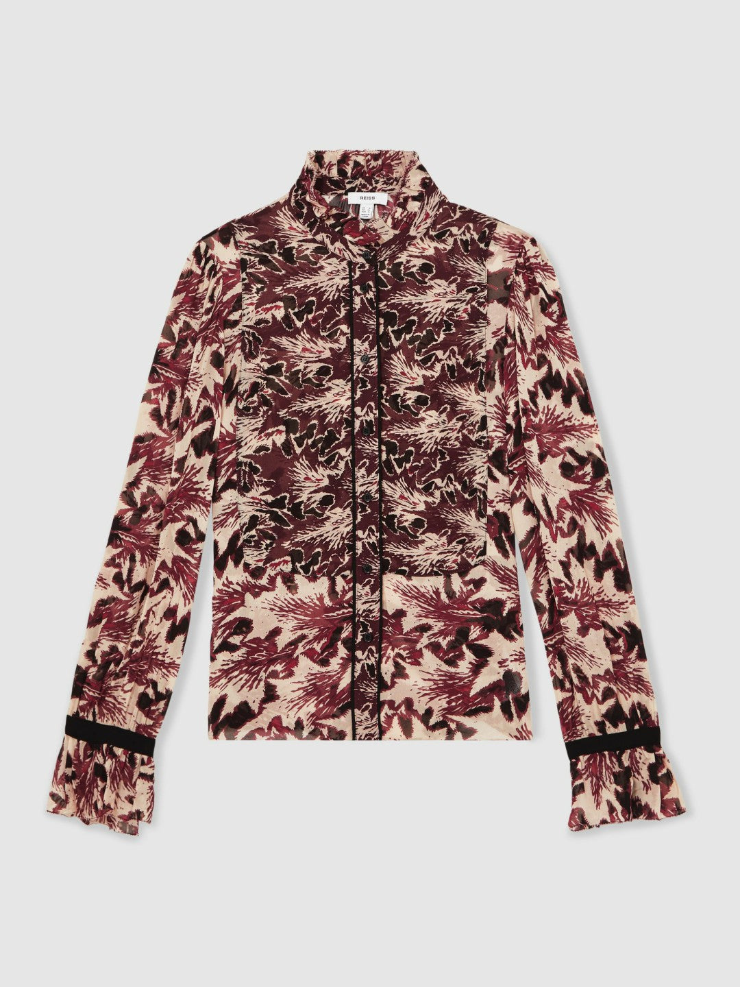 Abstract-Print Ruffle-Neck Shirt in Burgundy/Cream Women | Reiss