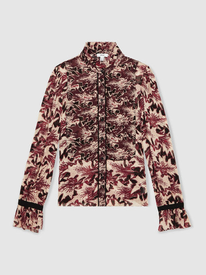 Abstract-Print Ruffle-Neck Shirt in Burgundy/Cream Women | Reiss