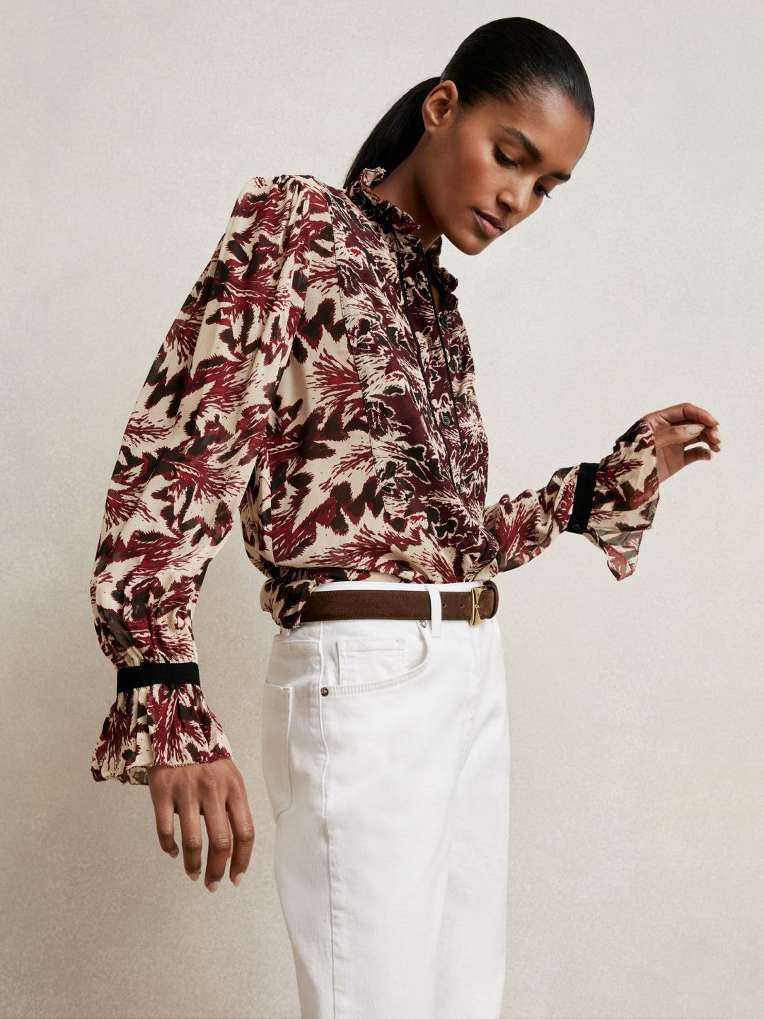 Abstract-Print Ruffle-Neck Shirt in Burgundy/Cream Women | Reiss