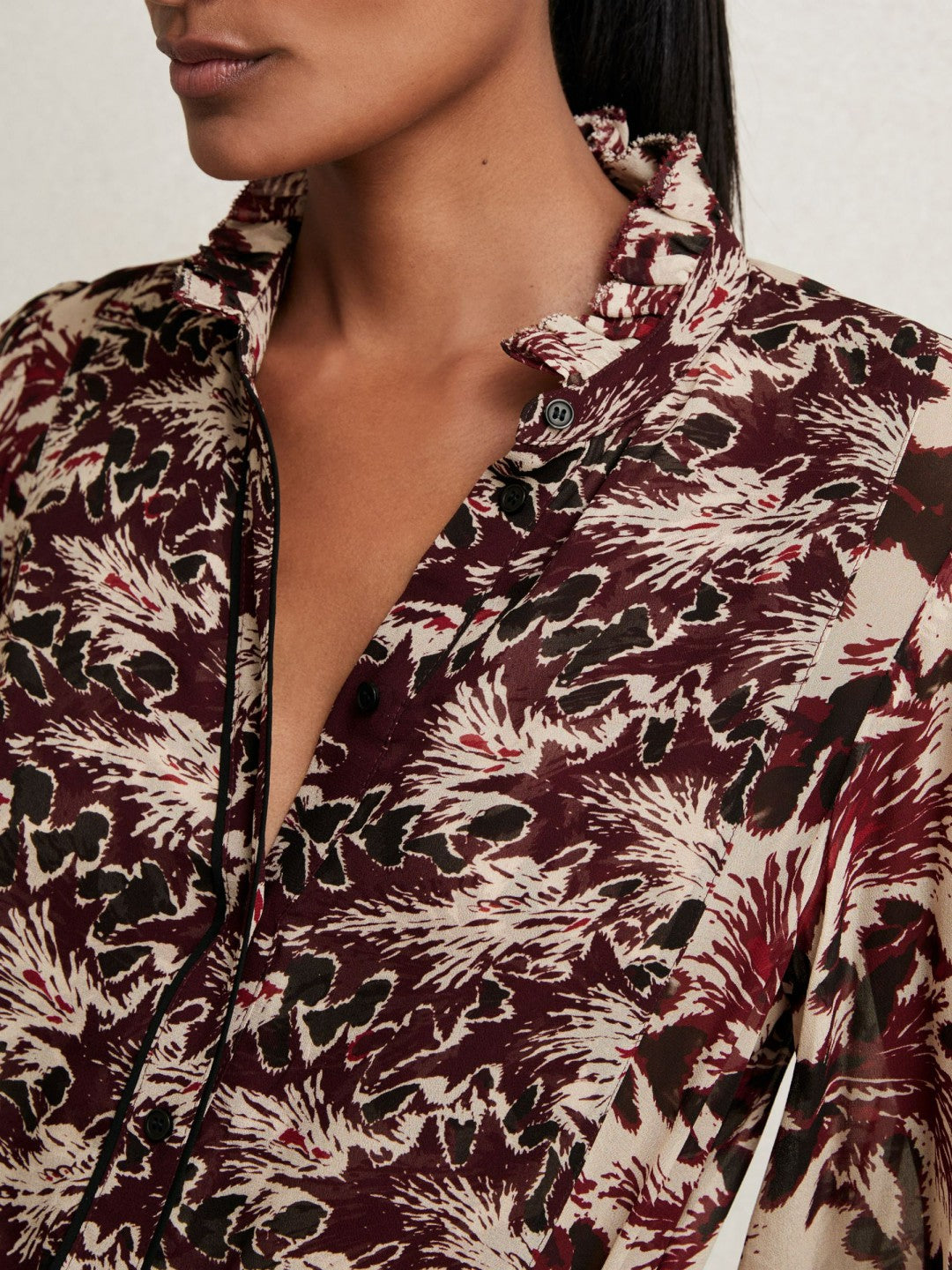 Abstract-Print Ruffle-Neck Shirt in Burgundy/Cream Women | Reiss