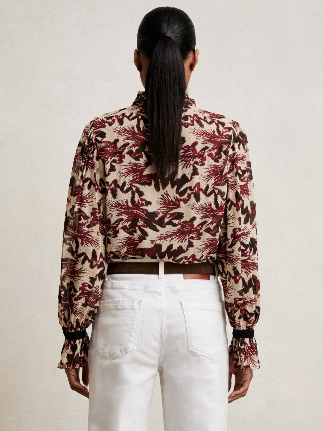 Abstract-Print Ruffle-Neck Shirt in Burgundy/Cream Women | Reiss
