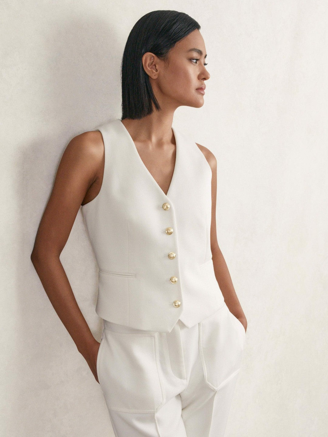 Single-Breasted Twill Waistcoat With Wool in White Women | Reiss