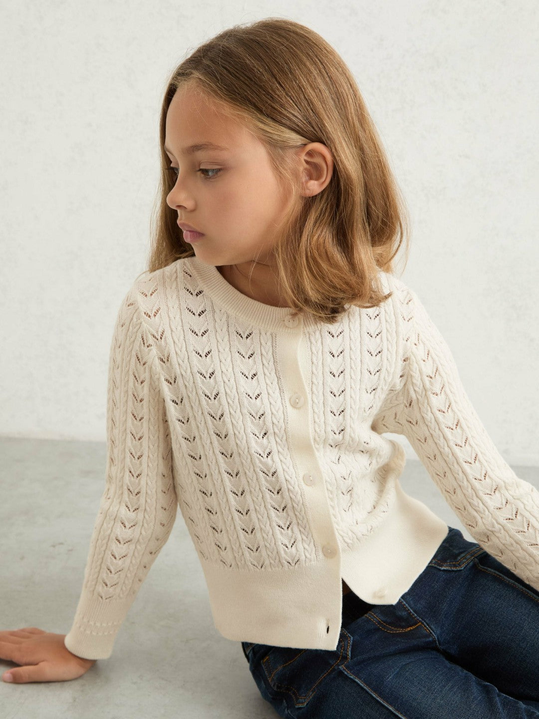 Wool-Cotton Pointelle Cardigan in Ivory Children & Baby | Reiss
