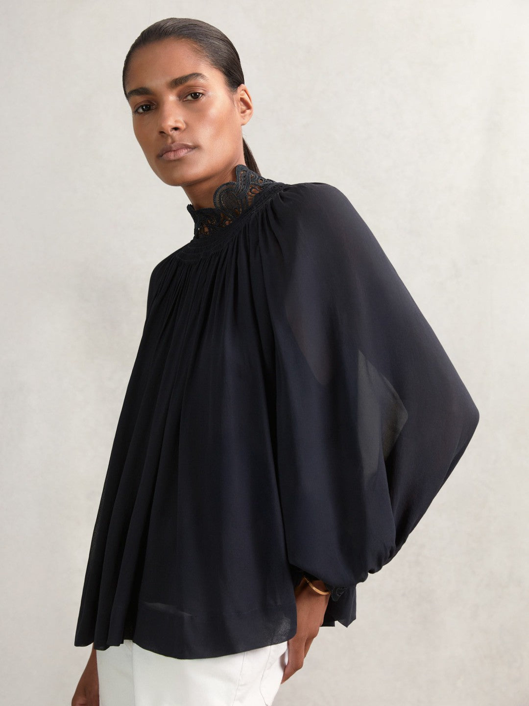 Lace-Trim Draped Chiffon Top in Navy Women | Reiss