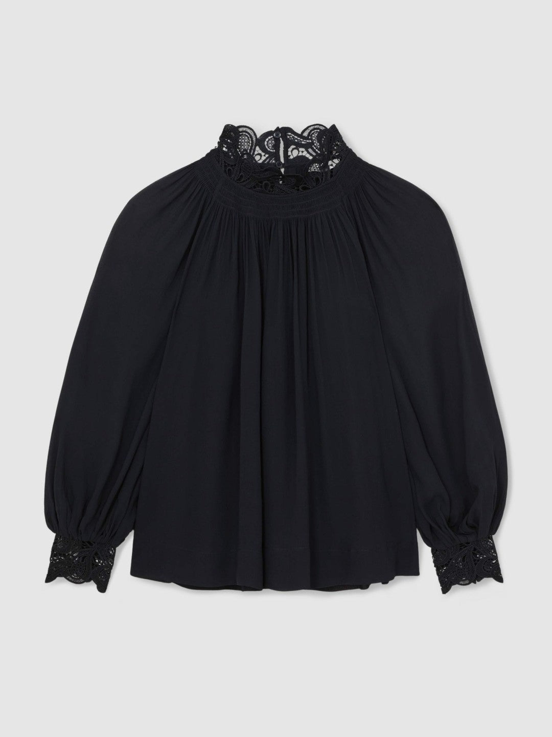 Lace-Trim Draped Chiffon Top in Navy Women | Reiss