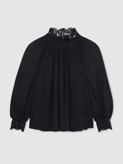 Lace-Trim Draped Chiffon Top in Navy Women | Reiss