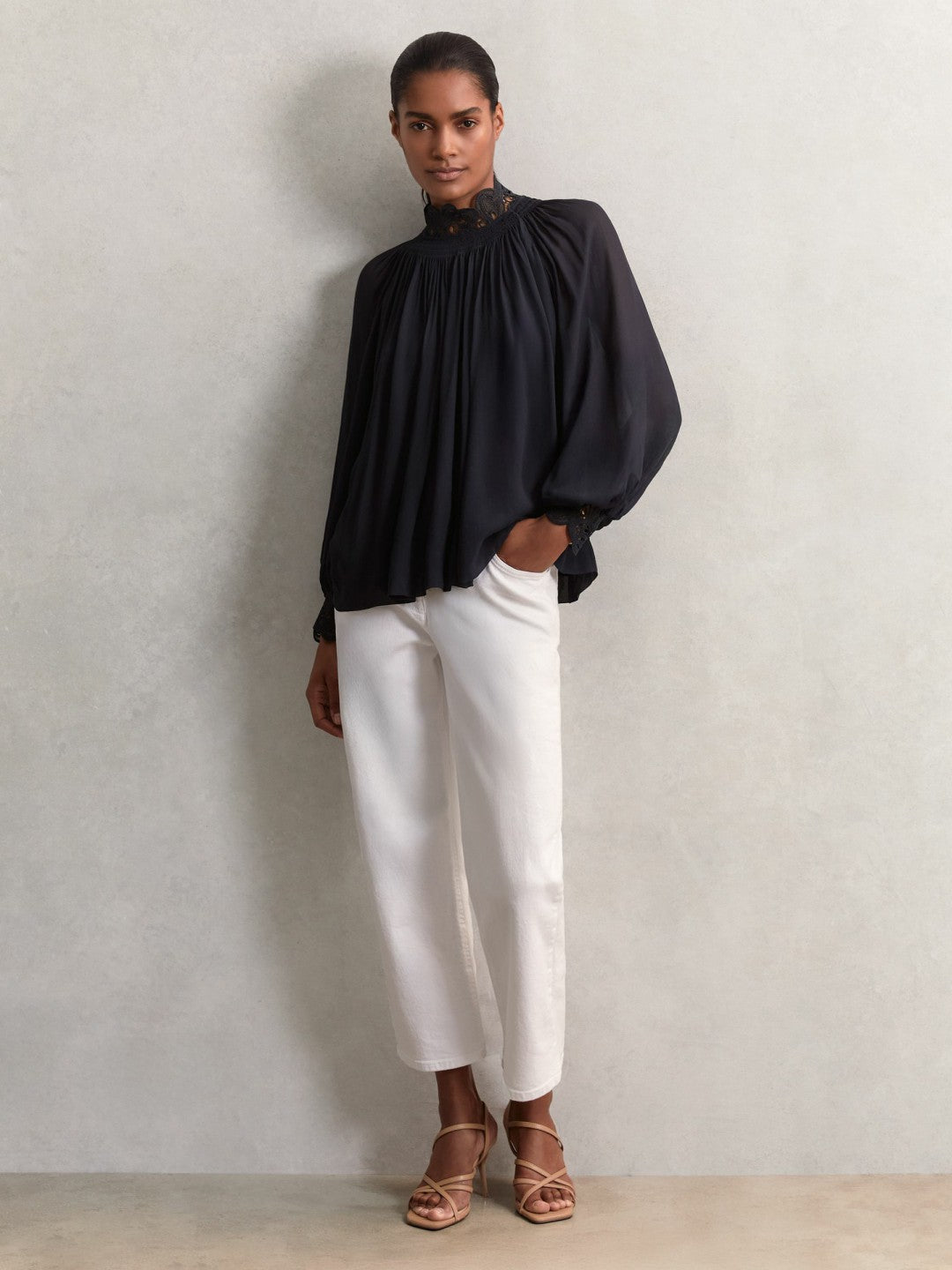 Lace-Trim Draped Chiffon Top in Navy Women | Reiss