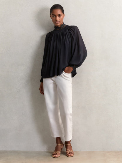 Lace-Trim Draped Chiffon Top in Navy Women | Reiss