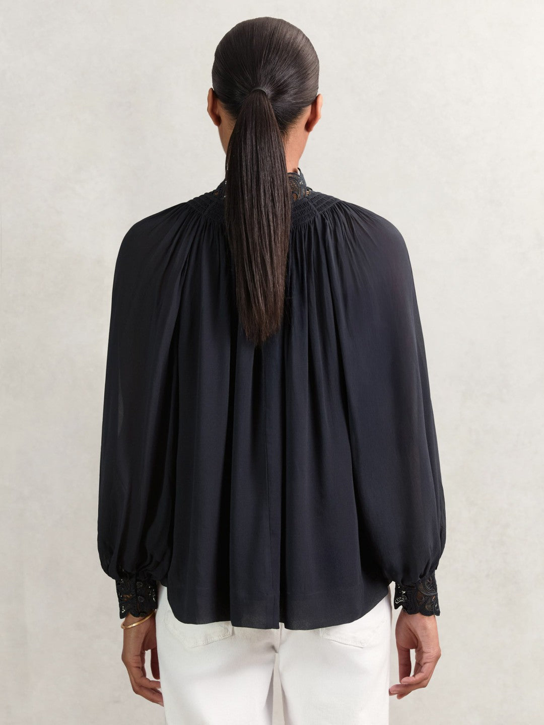 Lace-Trim Draped Chiffon Top in Navy Women | Reiss