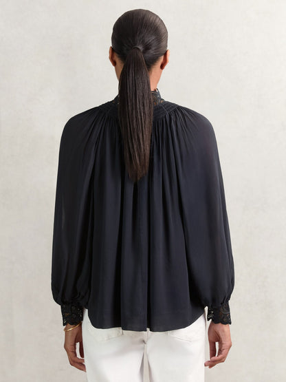 Lace-Trim Draped Chiffon Top in Navy Women | Reiss