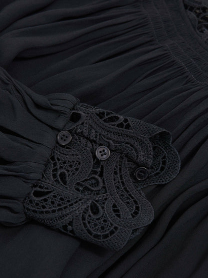 Lace-Trim Draped Chiffon Top in Navy Women | Reiss
