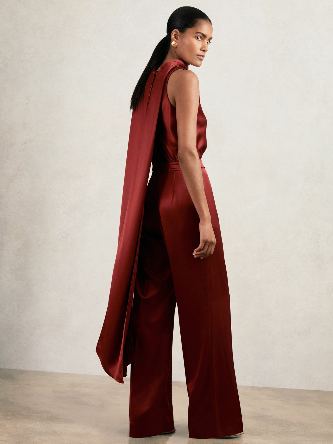 Petite Satin Cape-Sash Jumpsuit in Dark Red Women | Reiss