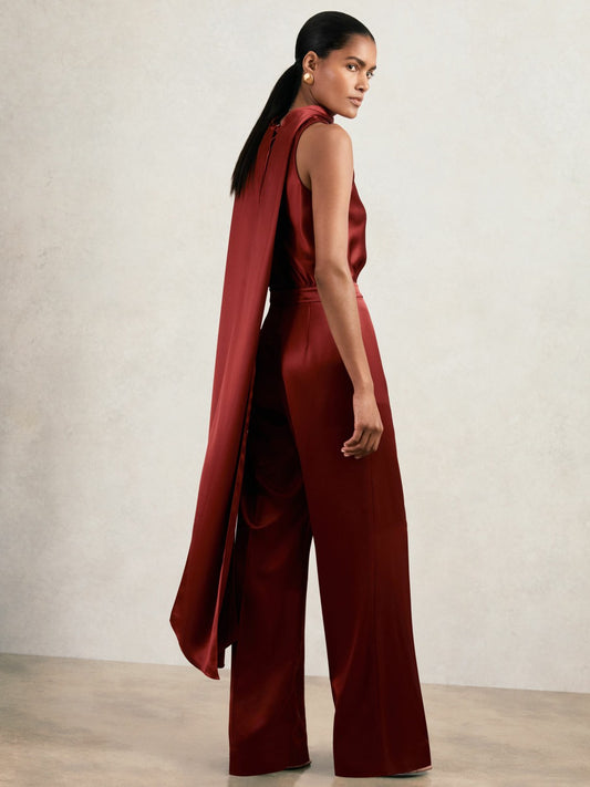 Petite Satin Cape-Sash Jumpsuit in Dark Red Women | Reiss