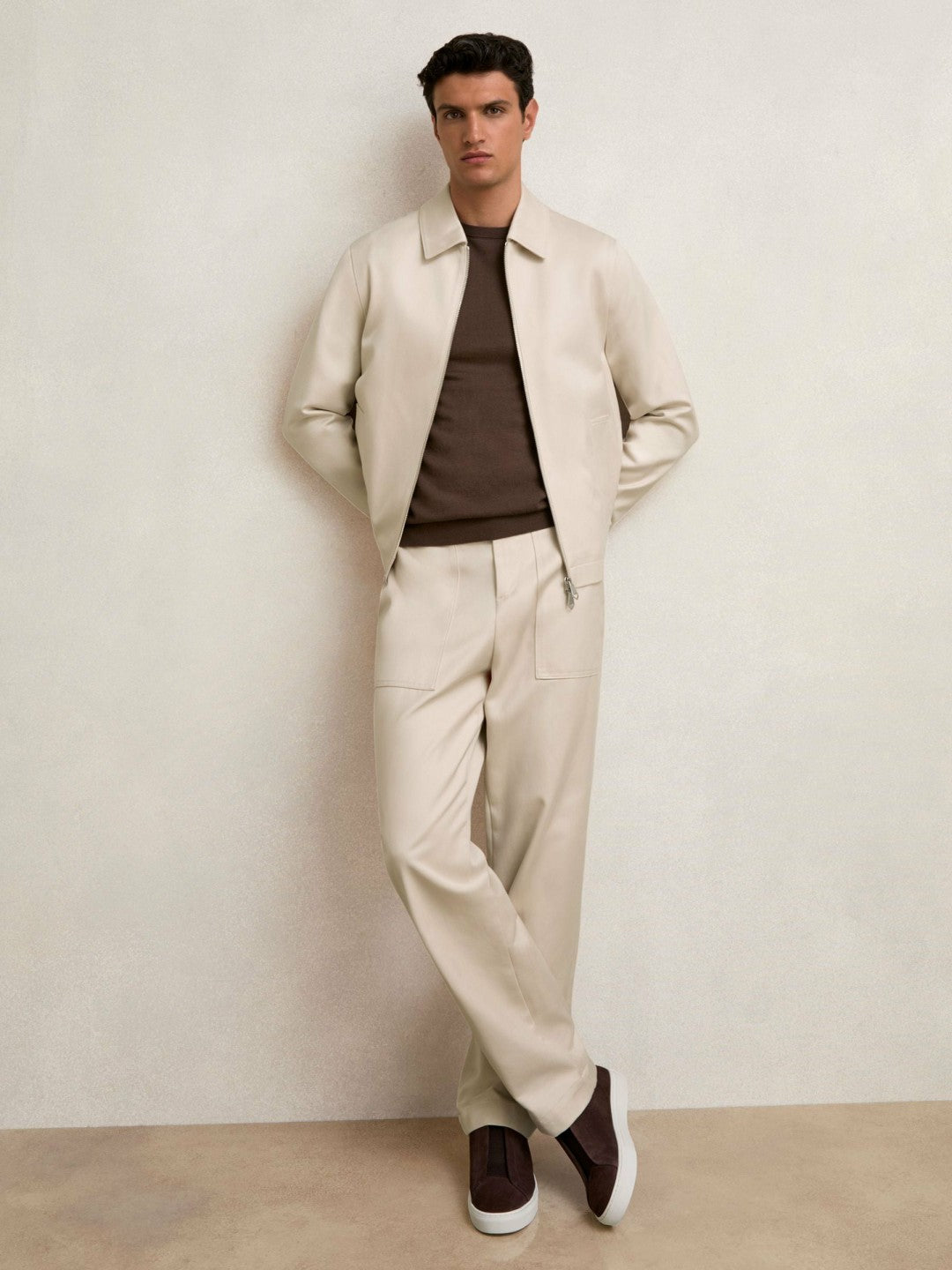 Lyocell Cotton Wide Utility Trousers in Ecru Men | Reiss