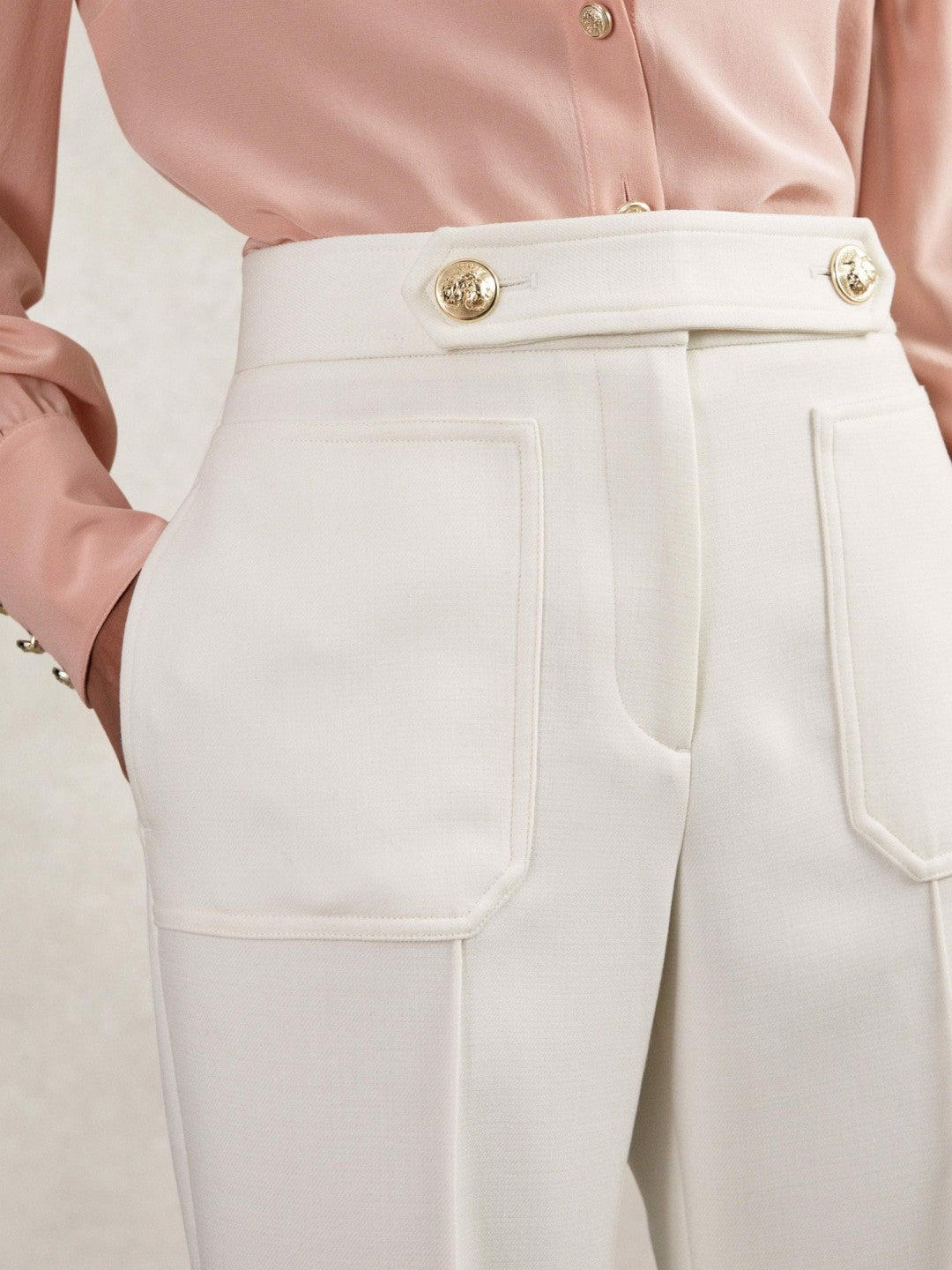 Petite Twill Button-Tab Flared Trousers With Wool in White Women | Reiss