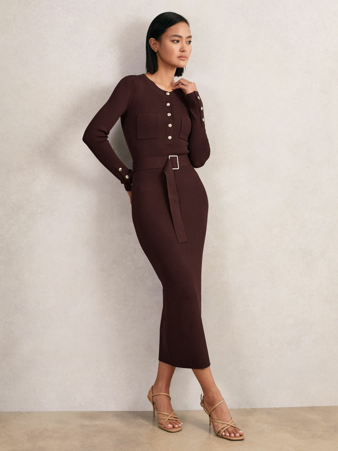 Buttoned Rib-Knit Midi Dress in Burgundy Women | Reiss