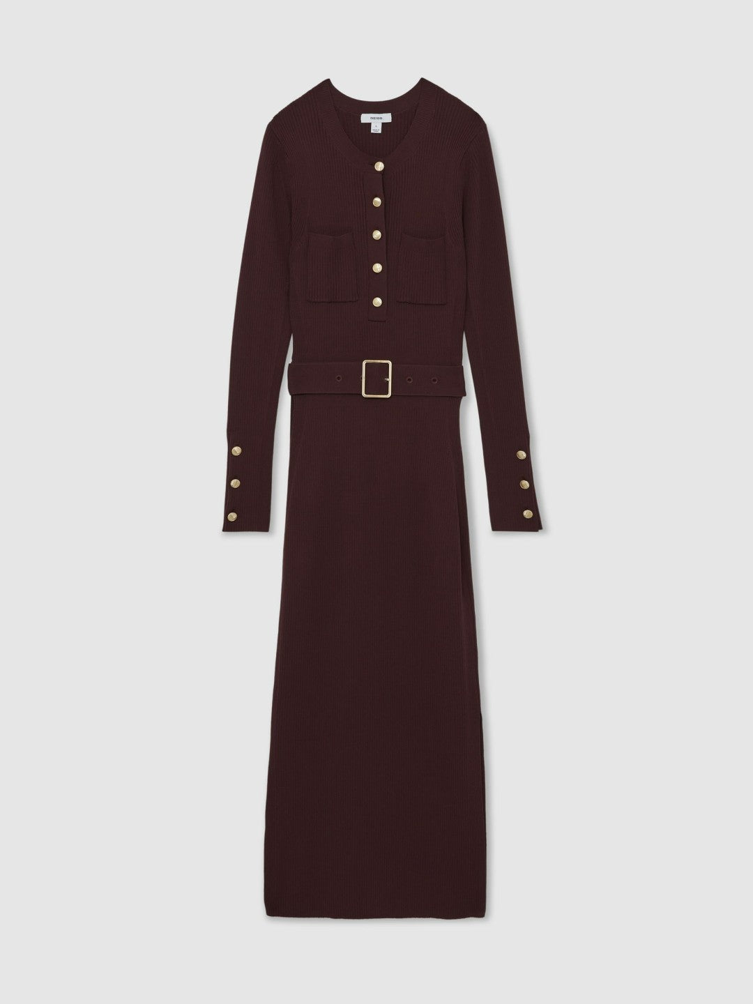 Buttoned Rib-Knit Midi Dress in Burgundy Women | Reiss