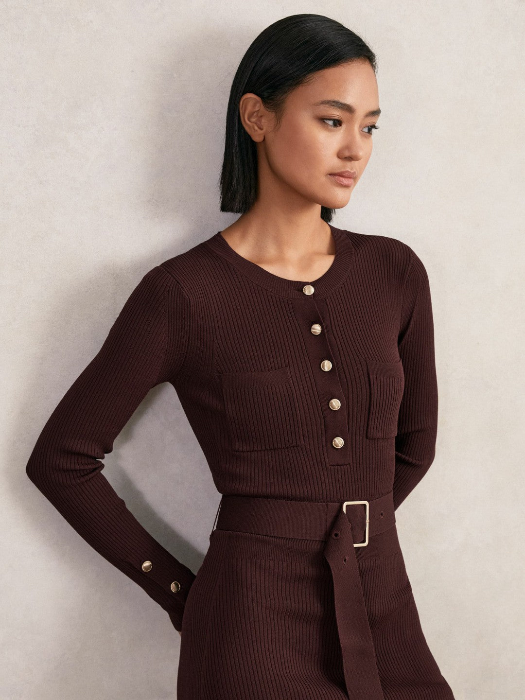 Buttoned Rib-Knit Midi Dress in Burgundy Women | Reiss