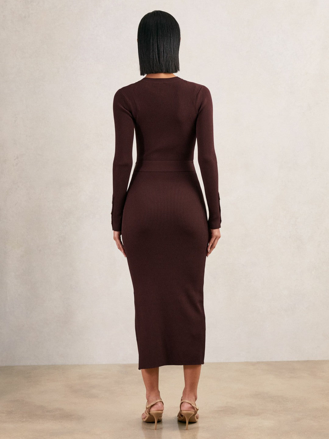 Buttoned Rib-Knit Midi Dress in Burgundy Women | Reiss