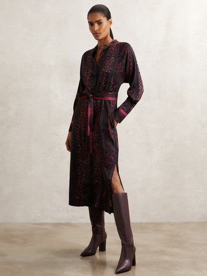 Snake-Print Belted Shirt Dress in Burgundy/Black Women | Reiss