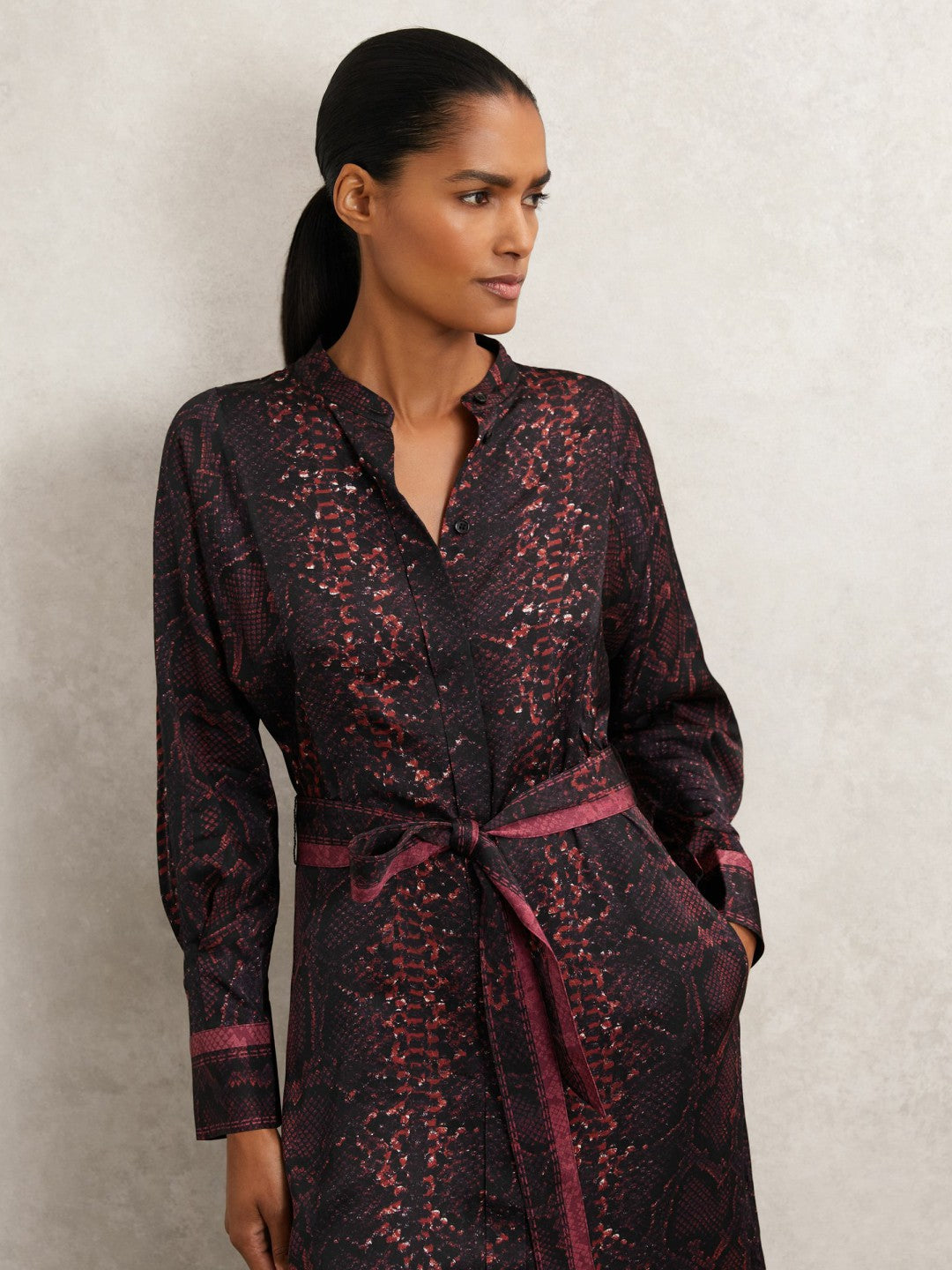 Snake-Print Belted Shirt Dress in Burgundy/Black Women | Reiss