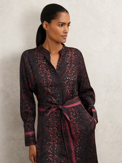 Snake-Print Belted Shirt Dress in Burgundy/Black Women | Reiss