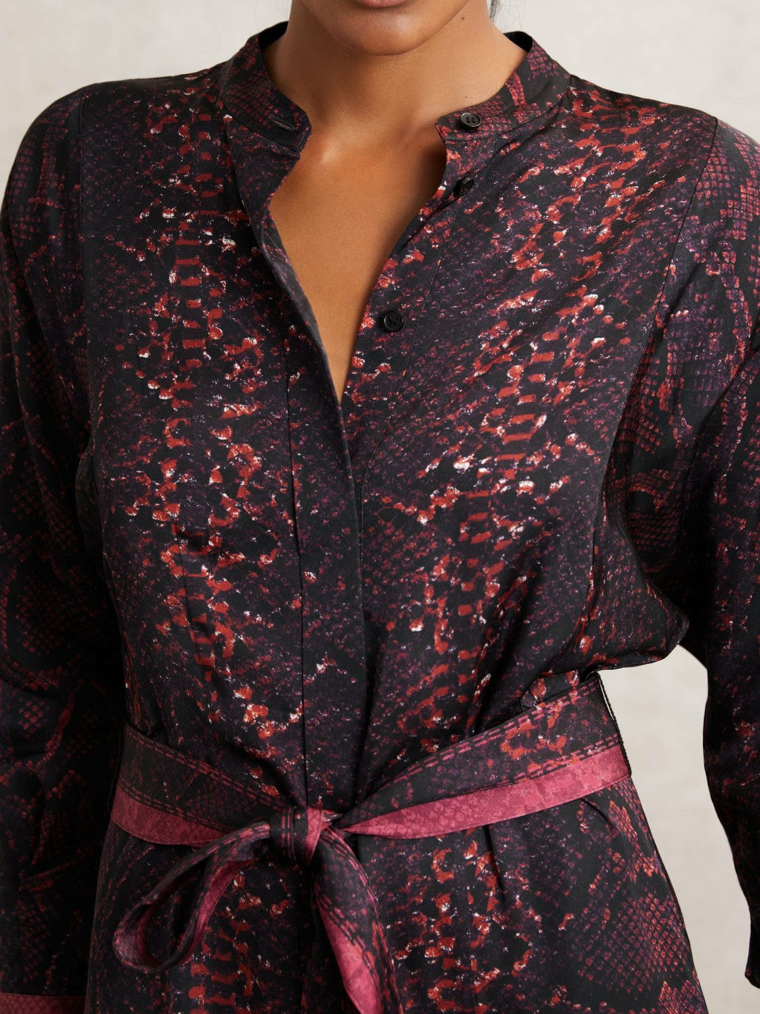 Snake-Print Belted Shirt Dress in Burgundy/Black Women | Reiss