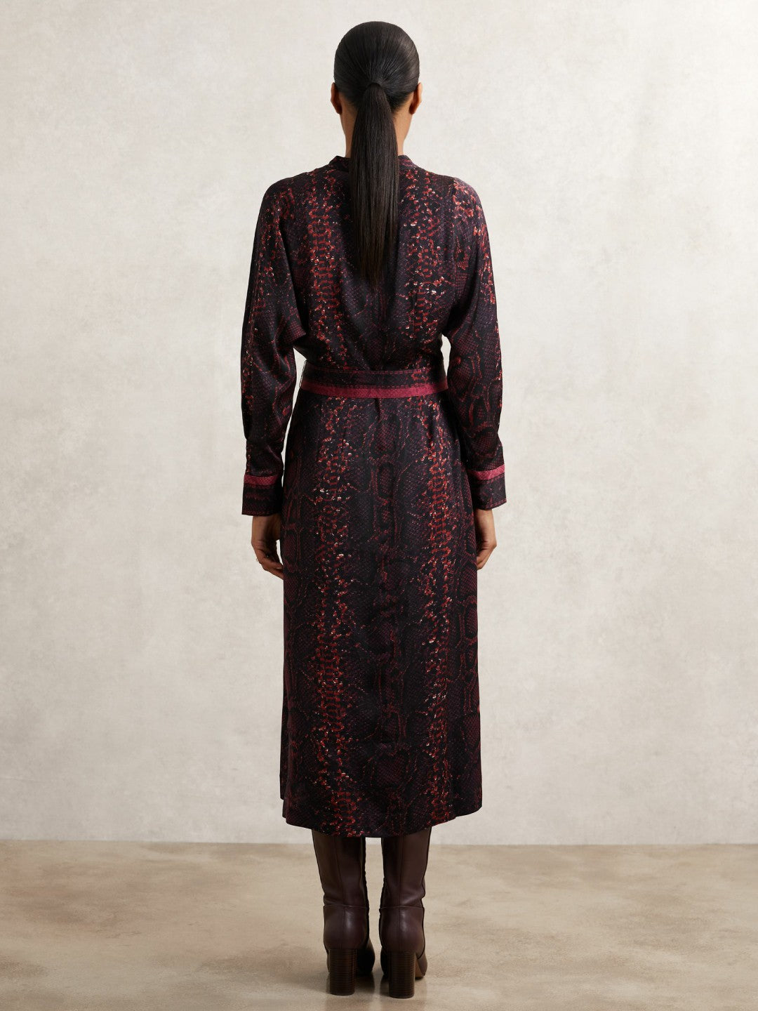 Snake-Print Belted Shirt Dress in Burgundy/Black Women | Reiss