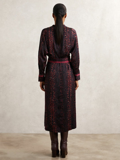 Snake-Print Belted Shirt Dress in Burgundy/Black Women | Reiss