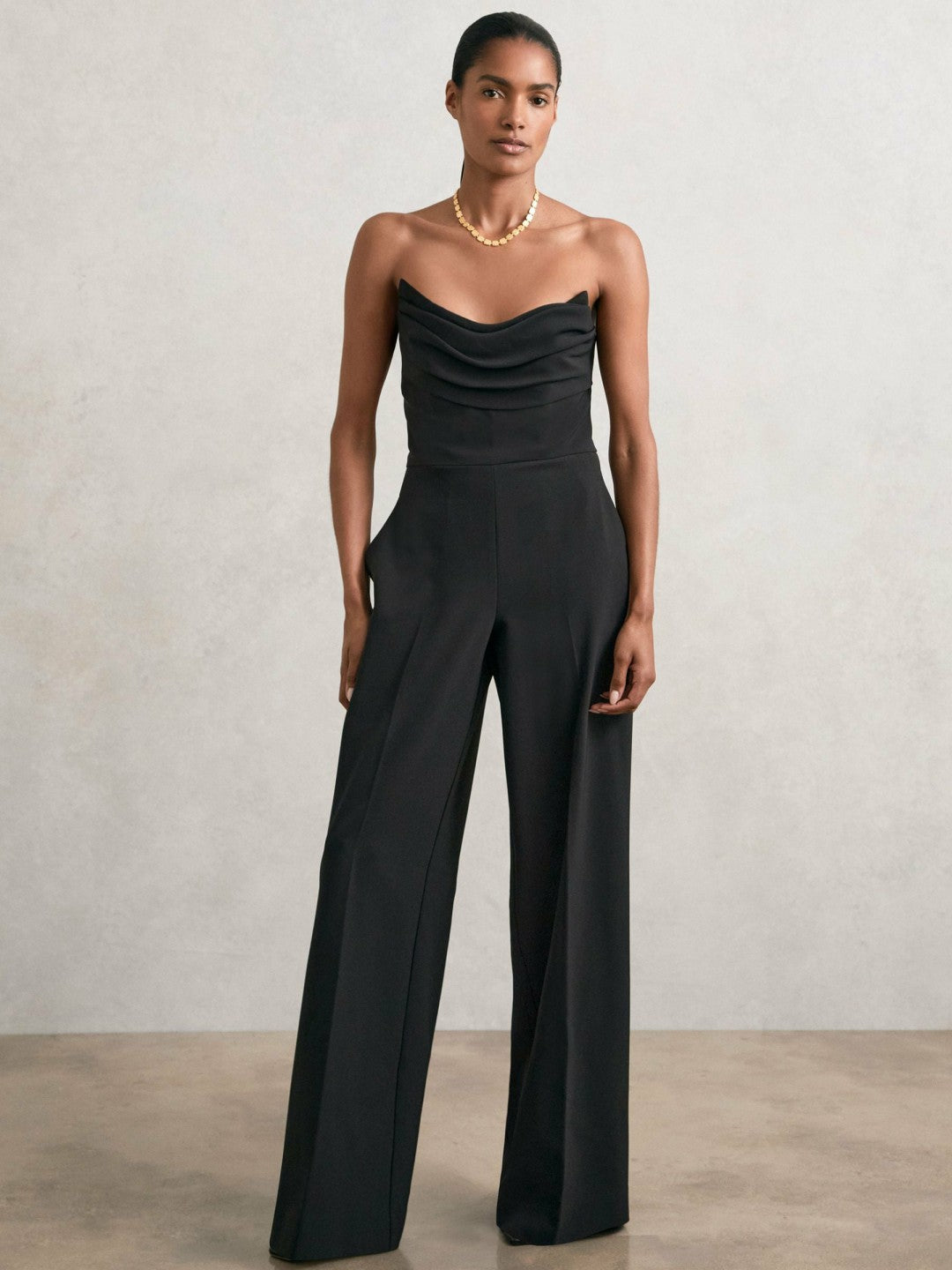 Structured Strapless Wide-Leg Jumpsuit in Black Women | Reiss